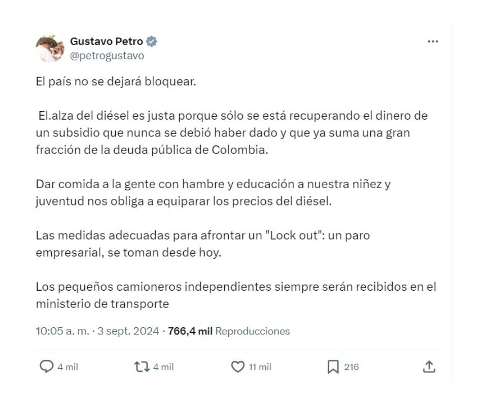 Gustavo Petro y su respuesta al paro camionero