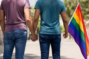 Vista de espalda de dos hombres tomados de la mano; uno lleva camiseta morada y el otro sostiene una bandera arcoíris.