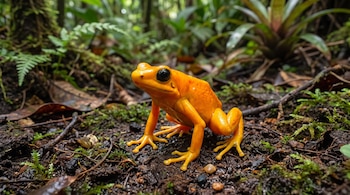 Una rana naranja brillante con ojos negros y cuerpo liso se posa en el suelo húmedo del bosque, con musgo, hojas y ramas secas alrededor.