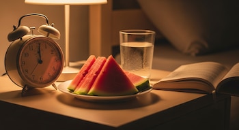 Una mesa de noche bajo una lámpara, con un reloj despertador de estilo retro, un plato de sandía en rodajas, un vaso de agua y un libro abierto.
