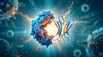 Proteína central azul y naranja con luz, múltiples virus esféricos con puntas, partículas pequeñas, y un fondo azul con haces de luz.