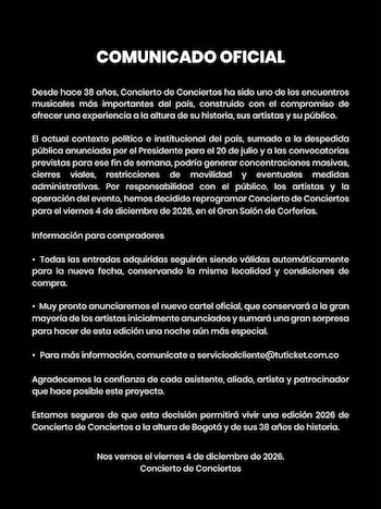 En un comunicado, los organizadores del Concierto de Conciertos 38 años anunciaron que la fecha se movería al 4 de diciembre en Corferias - crédito @conciertodeconciertos/Instagram