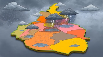 Un mapa de colores de la Ciudad de México con nubes de tormenta, lluvia, relámpagos y charcos de agua en diferentes zonas.