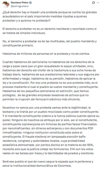 Gustavo Petro reaccionó al borrador de protesta social radicado por De la Espriella
