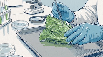 Manos con guantes azules manipulan lechuga iceberg en una bandeja metálica con pinzas en un laboratorio que contiene un microscopio, tubos de ensayo y placas Petri.