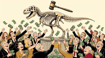 Esqueleto de dinosaurio en un pedestal junto a un mazo y personas sosteniendo fajos de billetes.