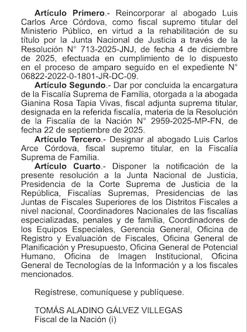 Resolución que oficializa la reincorporación