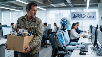 Un hombre colombiano de mediana edad lleva una caja con sus pertenencias en una oficina moderna, mirando a un robot humanoide blanco que teclea en un ordenador.