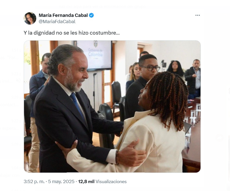 La fotografía de Francia Márquez y Armando Benedetti juntos en la Vicepresidencia fue acompañada por una frase irónica de María Fernanda Cabal, que reavivó las críticas - crédito @MariaFdaCabal/X