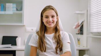 Joven paciente feliz con yeso en el brazo sienta en clínica esperando consulta. La fotografía subraya la importancia de la atención médica amable y efectiva para los más jóvenes. Palabras clave: joven paciente, feliz, yeso brazo, espera consulta, clínica, atención médica amable, eficacia, salud infantil, cuidado, recuperación. (Imagen ilustrativa Infobae)
