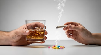 Una mano masculina sujeta un vaso de whisky con hielo. Una mano femenina sostiene un porro encendido que emite humo. Hay pastillas de colores en la mesa.