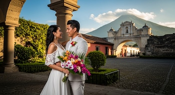 Pareja de novios, ella con vestido blanco y ramo de flores coloridas, él con traje claro. Se abrazan bajo un arco. Al fondo, el Arco de Santa Catalina y un volcán.