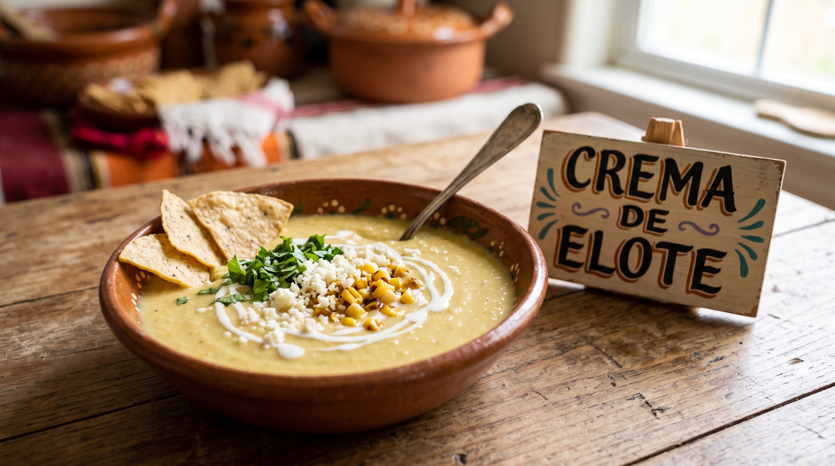 Un tazón de crema de elote acompañado con totopos, queso y cilantro reposa sobre una mesa de madera junto a un letrero decorado. (Imagen Ilustrativa Infobae)