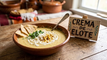 Tazón de barro con crema de maíz, totopos, queso y cilantro, junto a un cartel de madera que dice Crema de Elote.