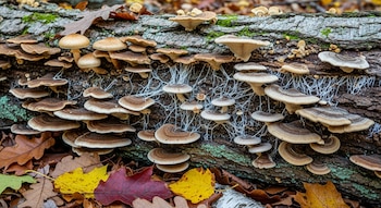 Primer plano de un tronco caído cubierto de setas y micelio blanco, con hojas de otoño rojas y amarillas a su alrededor.
