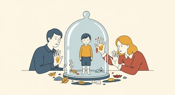 Ilustración que muestra a un niño dentro de una campana de cristal transparente; dos adultos a los lados apoyan sus manos en el vidrio y miran al niño con preocupación.