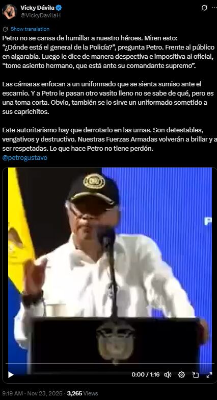Vicky Dávila arremetió contra el presidente Petro por su manera de referirse a los policías - crédito @VickyDavilaH