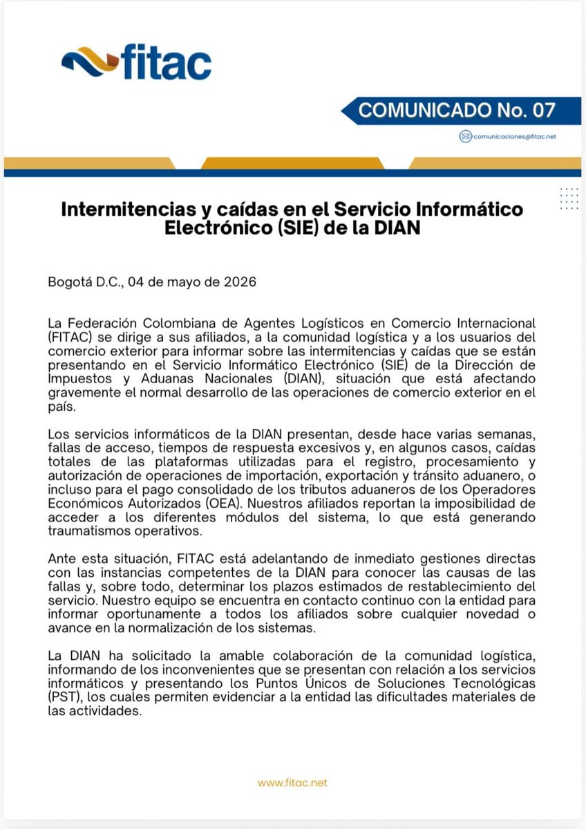 Fitac alertó sobre dificultades operativas y mantiene seguimiento a la situación. - crédito Fitac