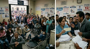 Pacientes esperan en un concurrido hospital con largas filas, un paciente en camilla, y una enfermera conversando con un hombre molesto