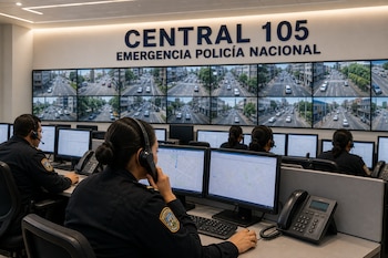 Agentes con auriculares y teléfonos trabajan frente a monitores bajo el letrero Central 105 y una gran pantalla con imágenes de calles.