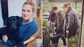 La perra y su dueña/Los chicos con la perra.