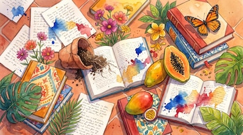 Libros abiertos y cerrados, hojas, flores, frutas tropicales (papaya, mango, maracuyá), mariposa monarca, maceta rota con tierra, páginas sueltas, manchas de tinta.