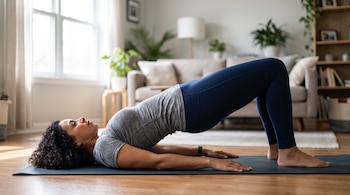 Mujer latina de cuarenta años, con leggings azules y camiseta gris, acostada en esterilla de yoga, realizando un glute bridge en un salón con ventana.