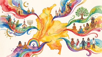 Ilustración en acuarela del mapa de Colombia con edificios religiosos (iglesias, mezquitas), menorá, luna, sol, arcoíris, árbol y personas de diversas etnias y religiones.