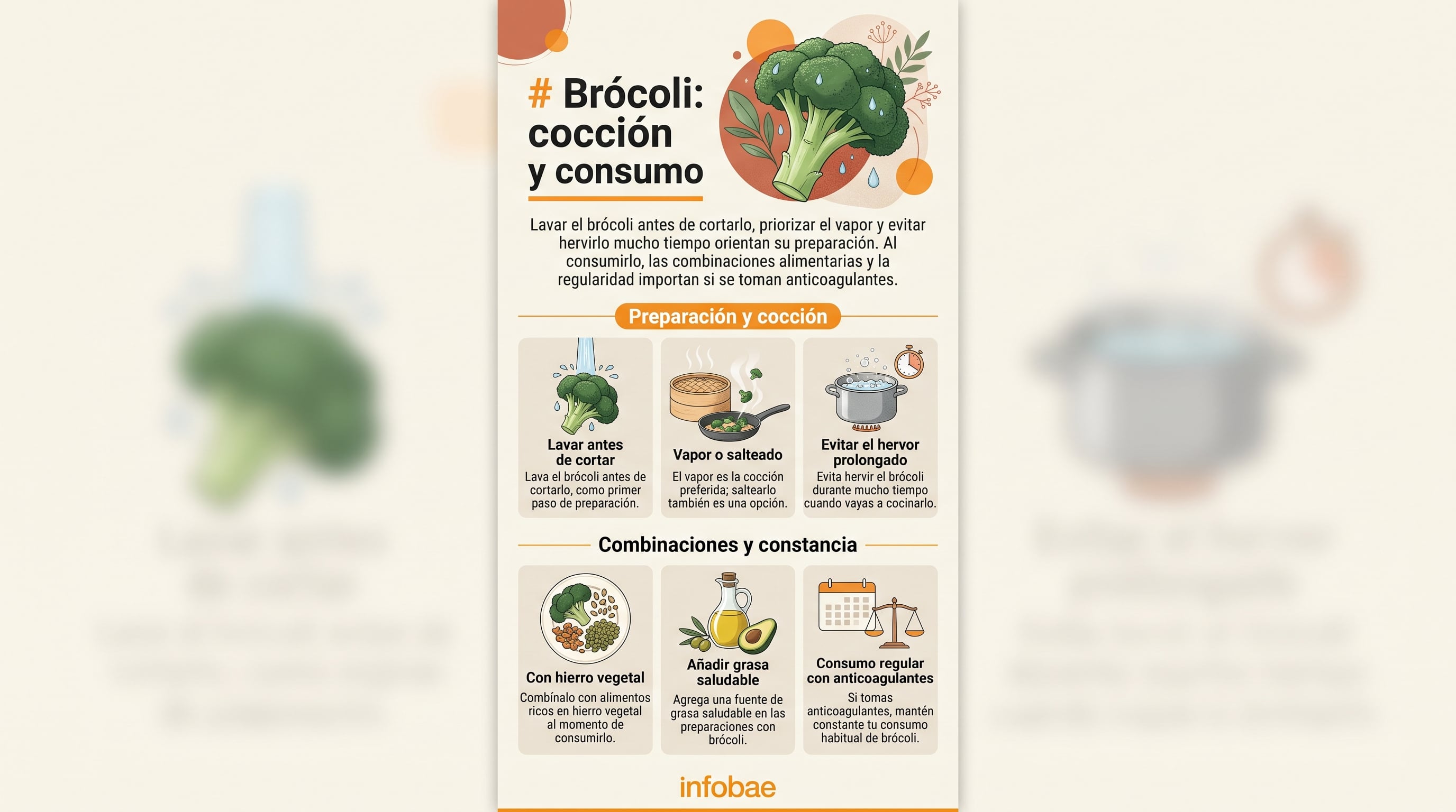 Una infografía de Infobae detalla pautas para lavar, cocinar y combinar el brócoli con el propósito de conservar sus propiedades y regular su ingesta. (Imagen Ilustrativa Infobae)