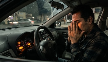 Hombre de mediana edad con camisa a cuadros se cubre el rostro con las manos dentro de un coche por la noche; la luz de combustible bajo se ve en el tablero