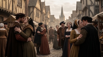 Grupo de personas con vestimenta histórica del siglo XVI en una calle adoquinada, con edificios de madera. Tres parejas se besan. Un campanario se eleva al fondo.