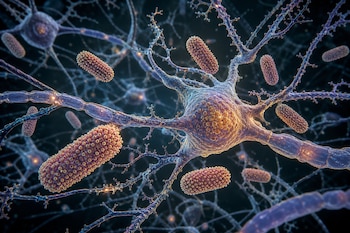Una neurona central rodeada por partículas cilíndricas rugosas sobre una red de ramificaciones celulares en un fondo oscuro.