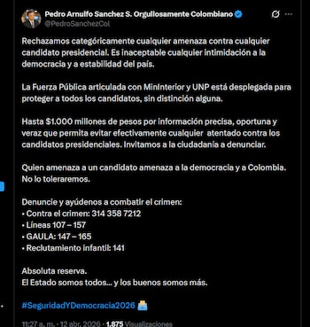 El ministro de Defensa ofreció una recompensa de hasta 1.000 millones de pesos para dar con los responsables de amenazas contra Paloma Valencia - crédito X
