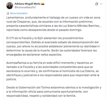 La gobernadora del Tolima, Adriana Magali Matiz, lamentó el hecho y pidió investigaciones - crédito