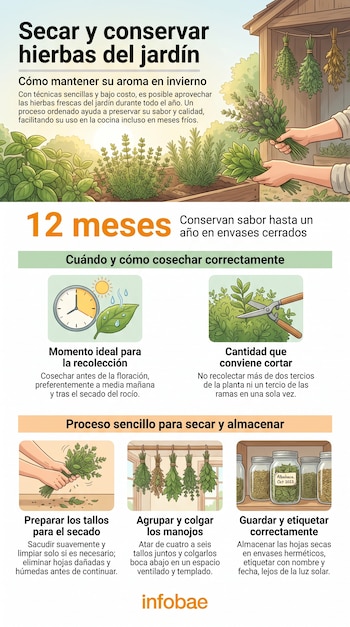 Manos cosechando hierbas del jardín; manojos de hierbas secándose; frascos con hierbas secas; reloj, sol y hoja; tijeras de podar; logo Infobae.