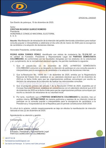 El Partido Demócrata Colombiano informó