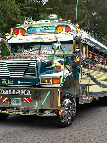 Frente de un autobús verde y amarillo con detalles cromados, adornos luminosos y la palabra Dallana escrita en el parabrisas