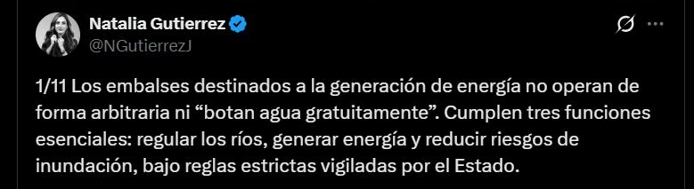 Acolgen aclaró que los embalses destinados a la generación eléctrica están sometidos a reglas estrictas y a la vigilancia estatal - crédito @NGutierrezJ/X