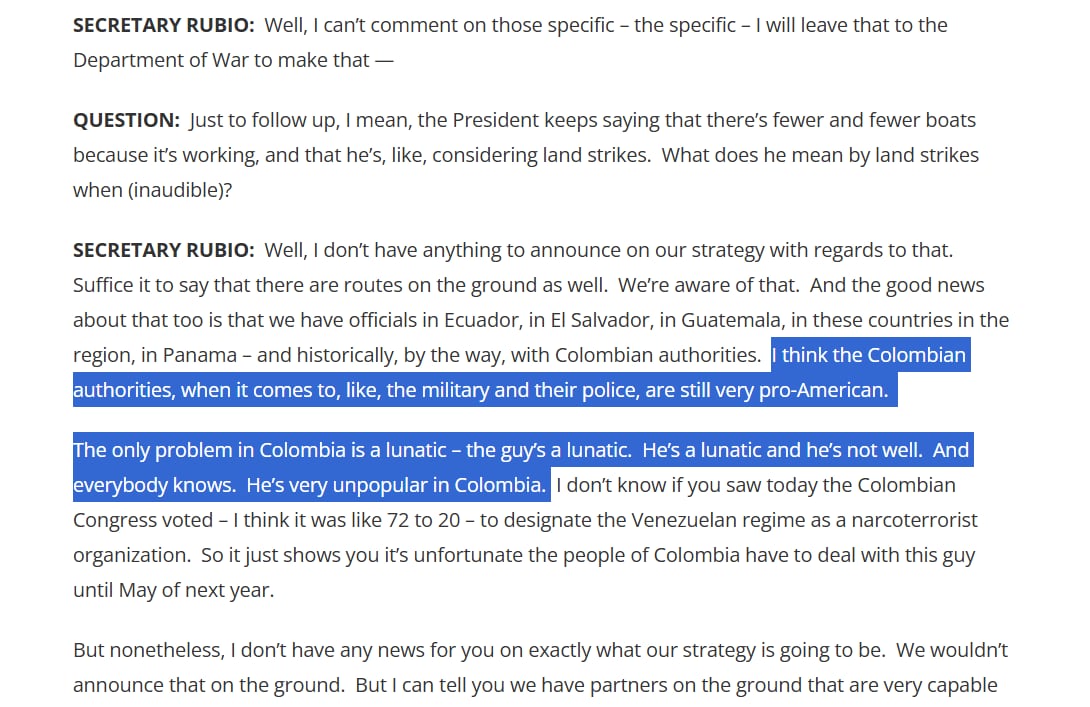 Estas fueron las palabras de Marco Rubio contra Petro, en una rueda de prensa - crédito Departamento de Estado de Estados Unidos