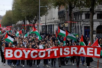 La gente protesta pidiendo al gobierno que imponga sanciones a Israel en Dublín, Irlanda, el 9 de noviembre de 2024. (REUTERS/Clodagh Kilcoyne)