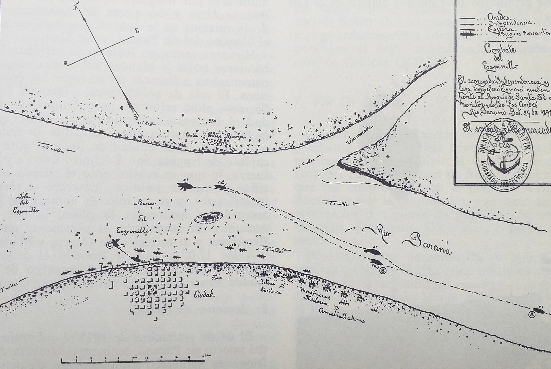 Croquis del combate naval del Espinillo (Historia Marítima Argentina tomo VIII)