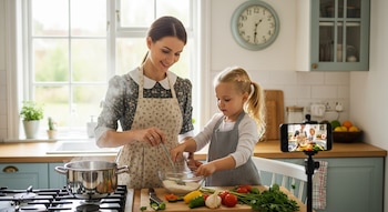 Una mujer sonriente y una niña pequeña con delantales cocinan juntas en una cocina luminosa. Un smartphone en trípode las graba.