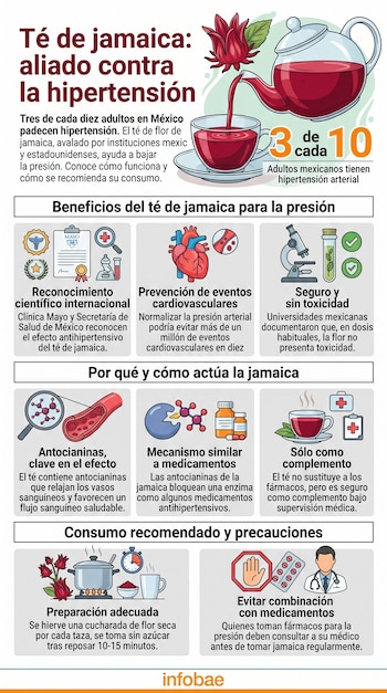 Infografía con texto, una tetera transparente que sirve té de jamaica en una taza, flores rojas y esquemas con iconos médicos.