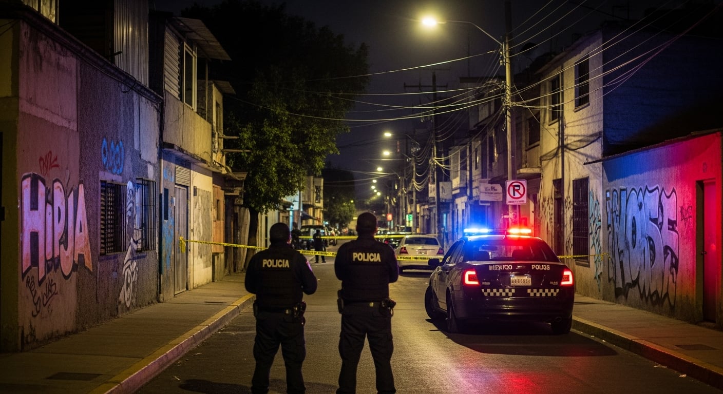 Dos policías de la Ciudad de México observan una escena del crimen acordonada con cinta amarilla, con una patrulla y sus luces encendidas iluminando la calle de un barrio popular por la noche. (Imagen Ilustrativa Infobae)