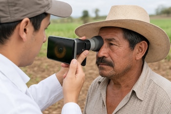 Un médico acerca un dispositivo oftálmico conectado a un teléfono móvil al ojo de un hombre con sombrero de paja en el campo.