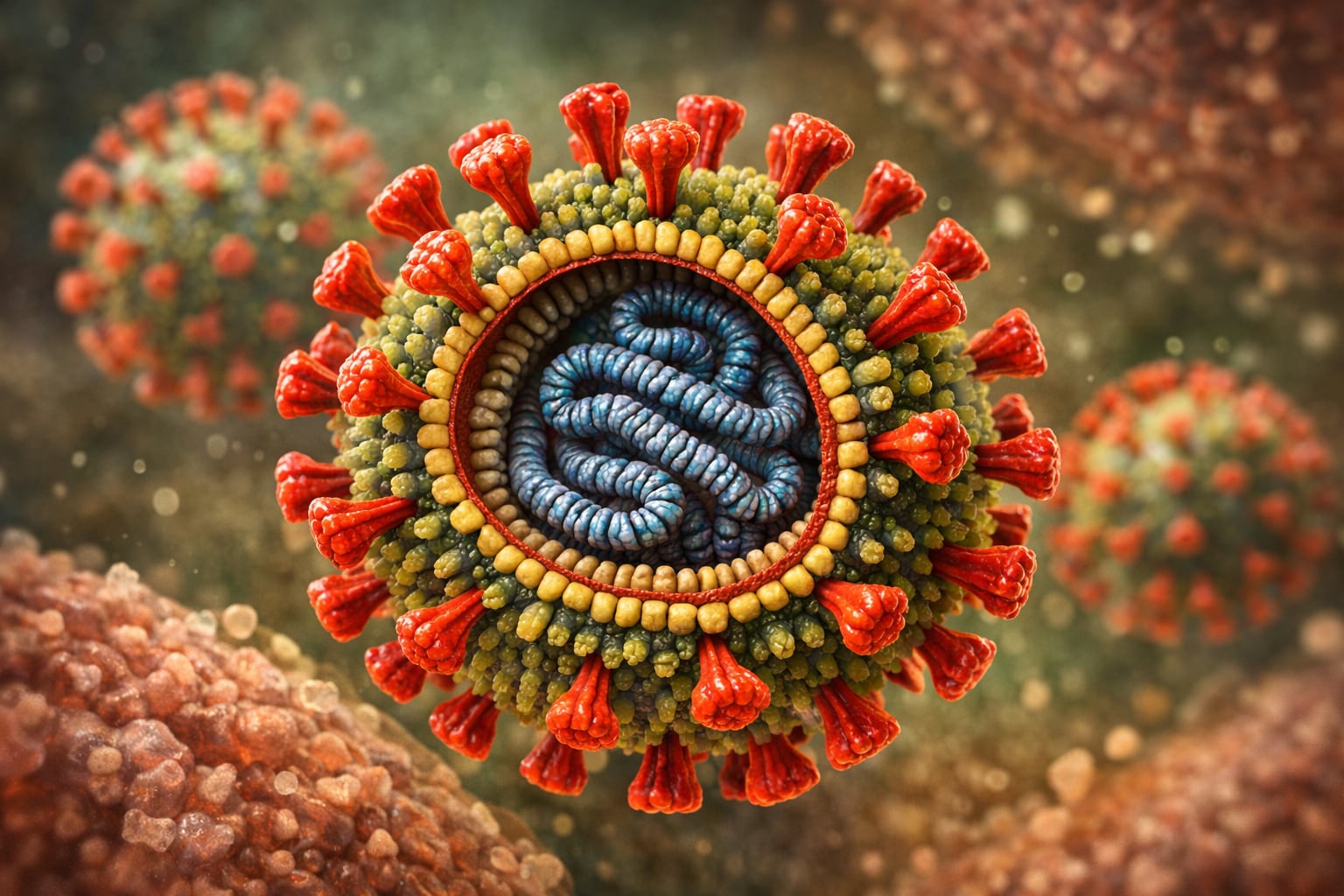 Esta ilustración científica 3D muestra la estructura detallada del Hantavirus, incluyendo su cápside y material genético interno, destacando la compleja organización de este patógeno viral. (Imagen Ilustrativa Infobae)