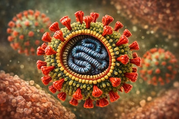 Ilustración 3D de un virus esférico con protuberancias rojas en su superficie verde y amarilla, mostrando su interior con una estructura azul serpenteante.