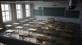 Aula escolar vacía con varias filas de pupitres y sillas de madera, dos pizarrones grandes al frente, ventanas altas y una cámara de vigilancia en el techo.