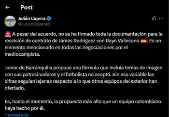 El periodista de ESPN contó algunos detalles de la situación contractual del volante de la selección Colombia-crédito @JulianCaperaB/X