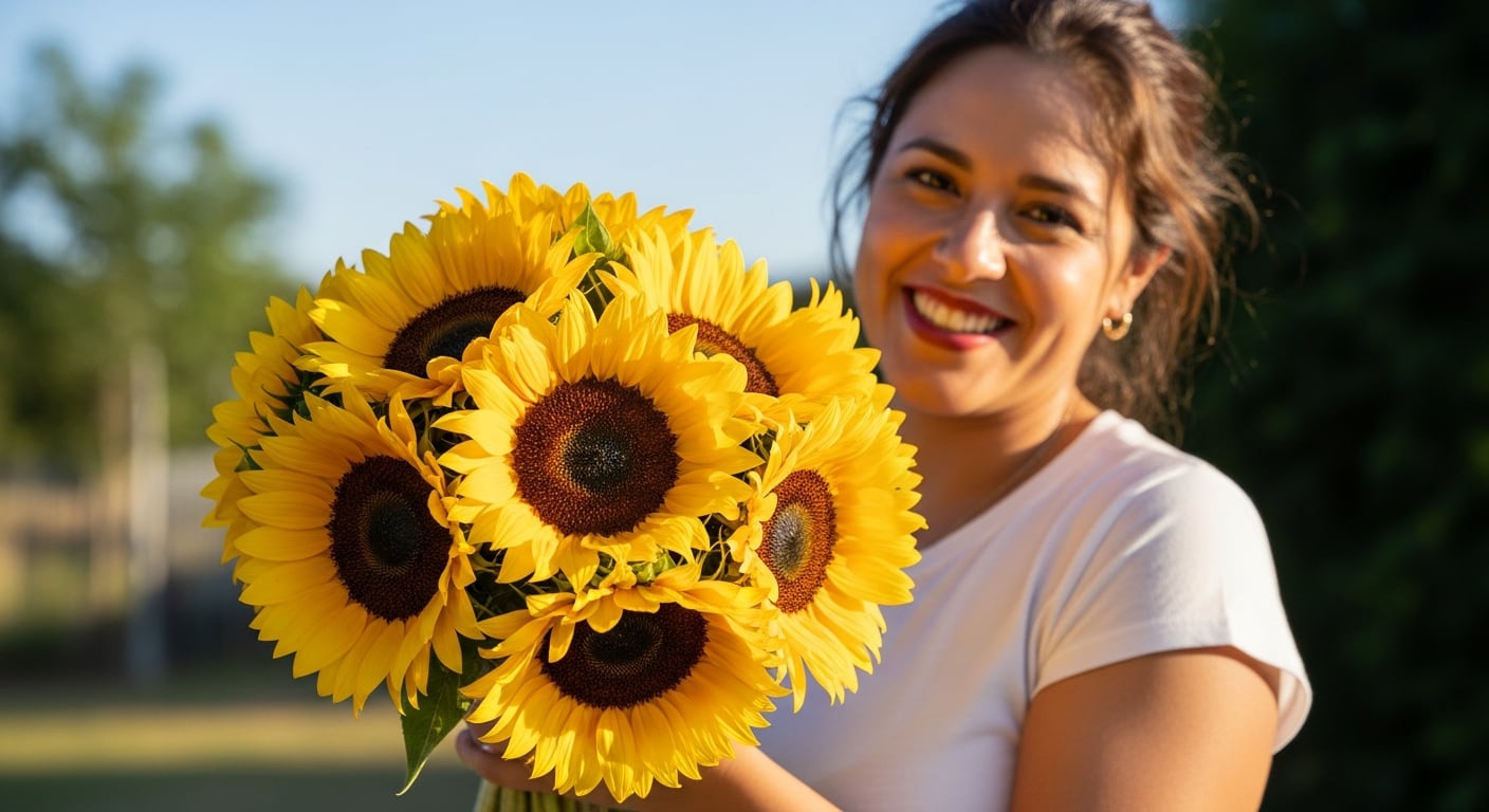 Una mujer mestiza latinoamericana irradia alegría mientras sostiene un brillante ramo de girasoles de tonos vívidos bajo la luz natural del sol. (Imagen Ilustrativa Infobae)